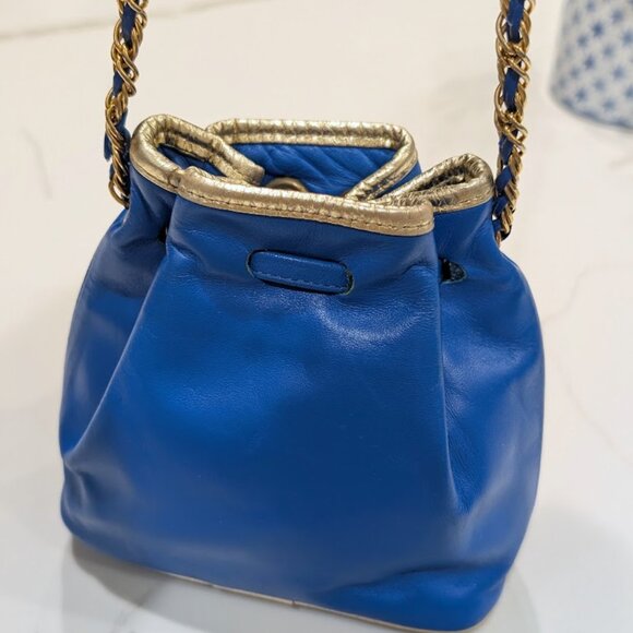 Vtg L.J. Simone New York Blue Leather Mini Drawstring Bucket Bag Crossbody Bag - Picture 7 of 16